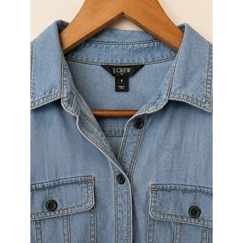 J.Crew Chambray Denim Shirt Dress Size S Roll Tab Long Sleeve Utility Staple